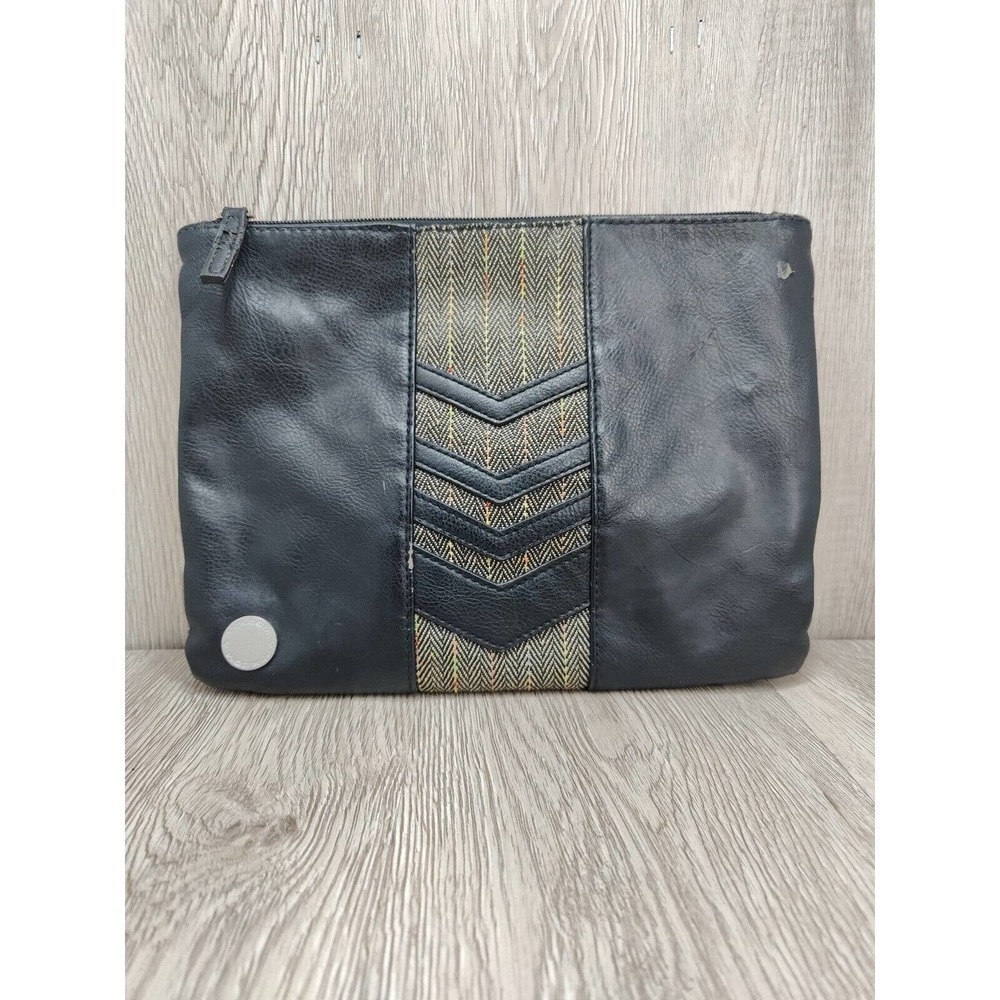 Volcom Black Brown Aztec Leather Clutch Bag Handbag Cosmetic Purse Zip Top Retro